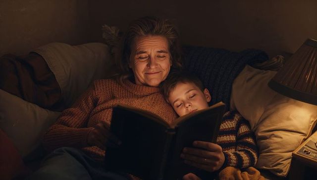 Grandmother reading bedtime story while grandson sleeps on couch under warm lamp glow