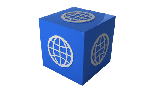 Transparent blue cube with worlds symbol