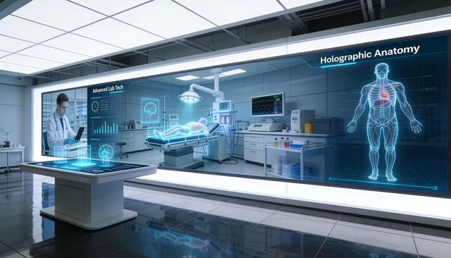 Futuristic surgical lab with holographic anatomy, virtual patient, doctor using tablet