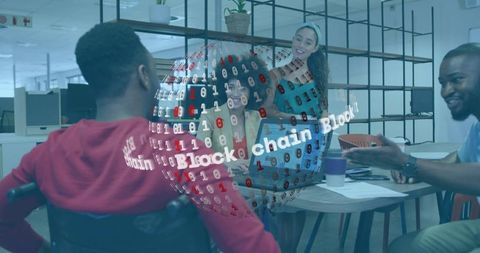 Diverse Team Collaborating on Blockchain Innovation in Modern Office