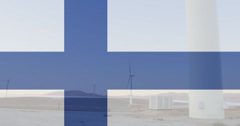 Finland Flag Overlaying Wind Turbine for Political Energy Concept