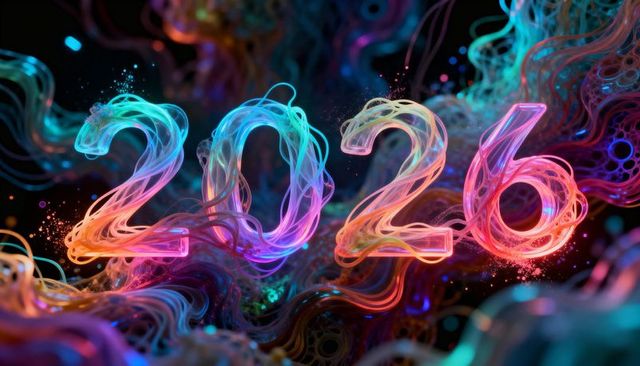 Neon glass 2026 numerals with colorful tendrils and futuristic abstract ribbons