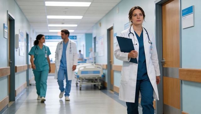 Female doctor walking hospital corridor holding clipboard and stethoscope