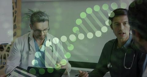 Medical team discussing genetic data on tablet with dna helix overlay for clinical collaboration