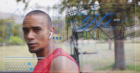 Runner wearing earbud analyzing performance with augmented hud fitness overlay in park
