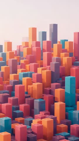 Vertical Video Revealing Colorful Cuboid Cityscape with Hollow Indents and Pastel Geometry