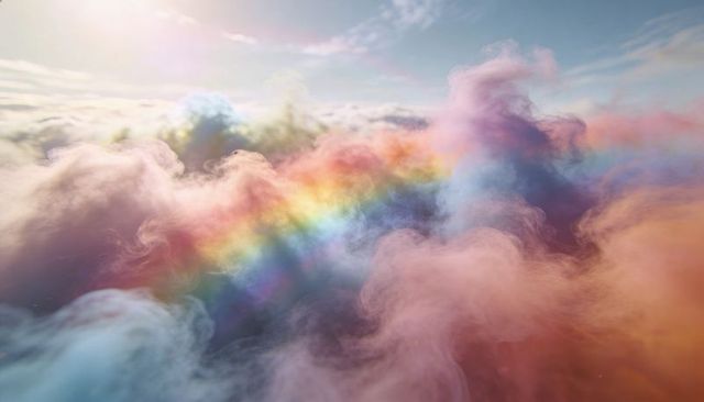 Pastel cloudscape drifting with rainbow band glowing over high-altitude sky