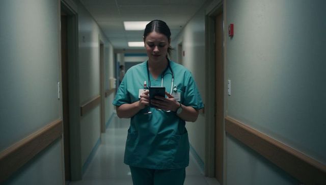Nurse walking hospital corridor checking smartphone in teal scrubs with stethoscope