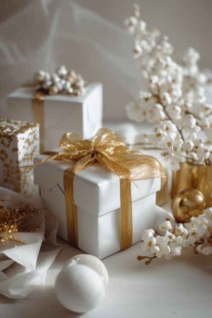 Close up of white gifts with ribbon on white background, created using generative ai technology. Gift, present, giving and celebration concept digitally generated image.