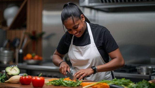 Professional chef smiling chopping carrots on wooden board in stainless commercial kitchen