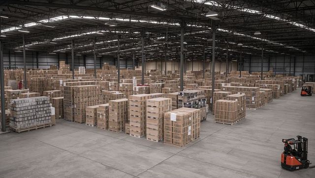 High-capacity warehouse stacking palletized boxes in organized rows with forklifts