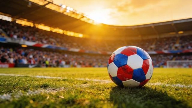 Sunset soccer ball on sideline of packed stadium with vibrant crowd and turf