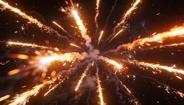 Radiating central burst sending fiery streaks and ember trails across starry night sky