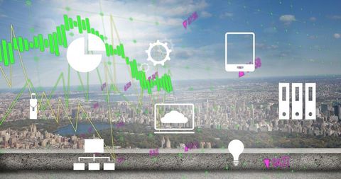 Digital Interface and Data Flow Over Cityscape