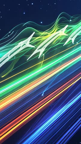 Emerging neon wave sweeping vertical cosmic void with glowing arrow light trails