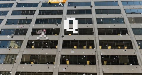 Digital Confetti and Social Icons Over City Building