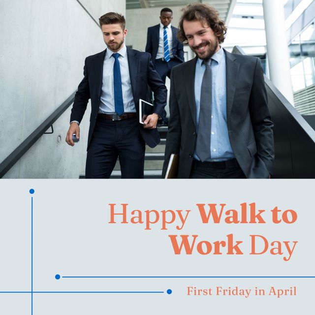 Happy walk to work day, first friday in april text and diverse male colleagues moving down on steps. Composite, copy space, team, office, fitness, support, encourage, healthy and active lifestyle.