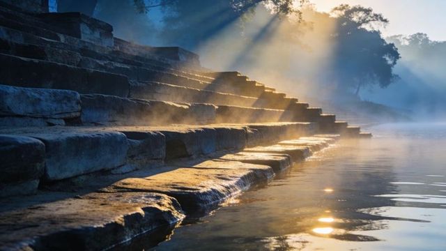 Sunbeams catching glistening stone steps descending into misty river at golden dawn