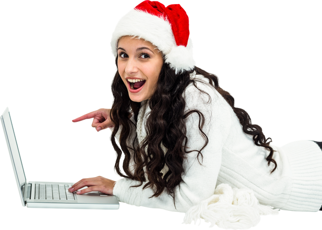 Happy Woman Wearing Santa Hat Using Laptop on Floor, Transparent Background - Download Free Stock Videos Pikwizard.com