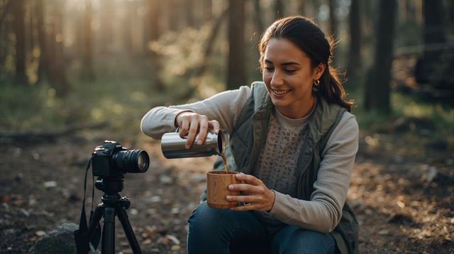 Smiling photographer pouring coffee from thermos into wooden cup at golden hour in woods