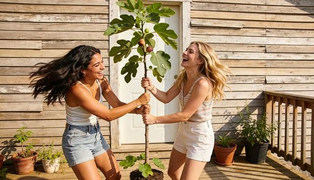 Two friends laughing while tugging potted fig tree on sunny wooden deck summer lifestyle