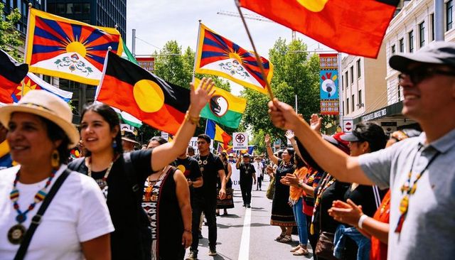 Indigenous solidarity marching waving tibetan and aboriginal flags through city centre