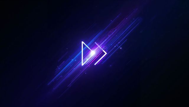 Neon double-triangle play icon emitting violet core flare with futuristic motion trails