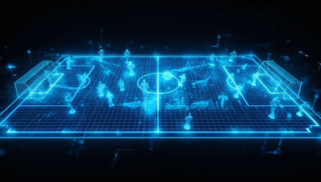 Holographic 3d soccer field with neon players and data overlay for sports analytics