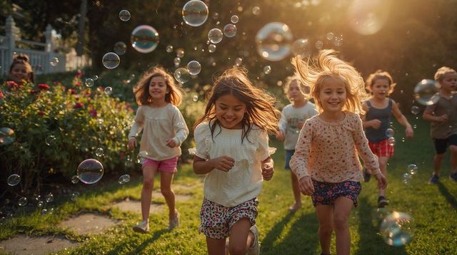 Children running through sunlit backyard chasing soap bubbles, joyful summer play