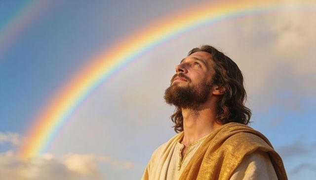 Gazing bearded man wearing tunic and gold cloak under double rainbow, serene sunlit