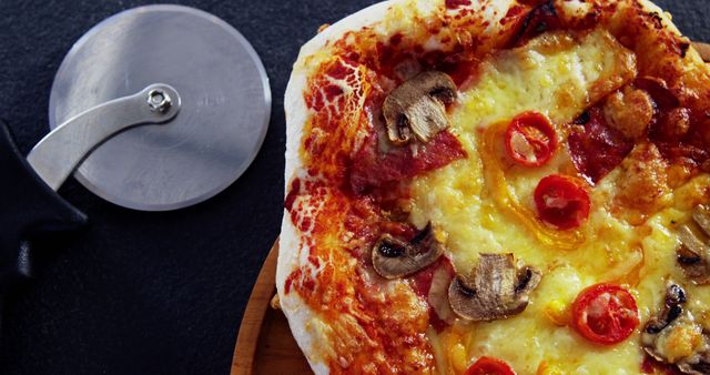 This image shows a freshly baked homemade pizza with melted cheese, sliced tomatoes, mushrooms, and other toppings, offering a view from above on a dark background. Perfect for use in cooking blogs, restaurant menus, food blogs, and culinary magazines.