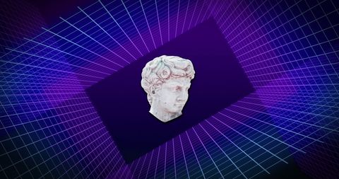 Classical Sculpture Head on Neon Grid Background