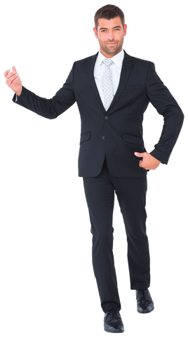 Confident businessman smiling with arms raised transparent