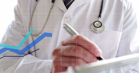 Doctor Analyzing Patient Data with Digital Graph Overlay