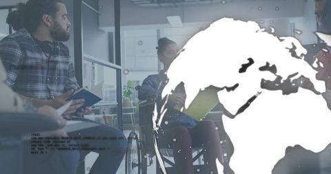 Leading wheelchair user guiding diverse team in modern office with global map overlay