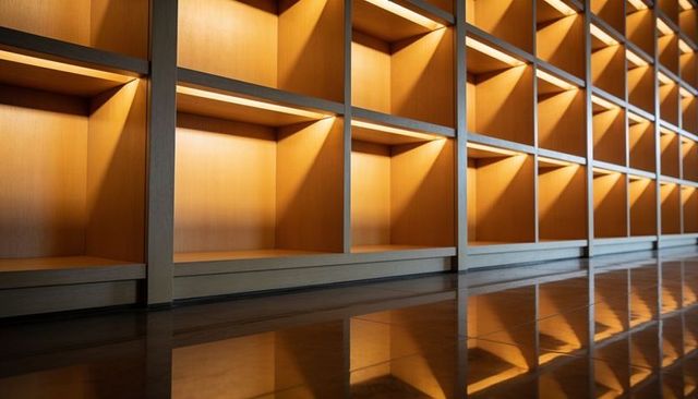 Warm-lit modular wood cubby wall receding into depth with symmetry and reflective floor