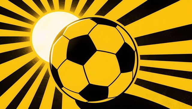 Soccer ball shining over retro sunburst in bold yellow and black poster