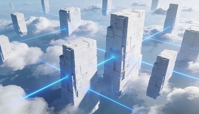 Floating towers over cloud grid connected by cyan energy beams, futuristic cityscape