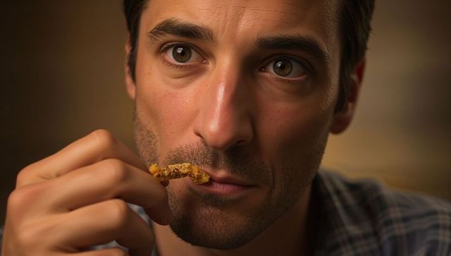 Contemplative man holding breaded snack, looking past camera in warm-lit closeup portrait