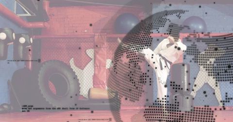 High kick martial artist in white gi with black belt practicing at gym with halftone overlay