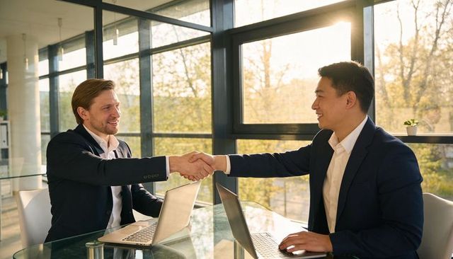 Two businessmen shaking hands across glass conference table with laptops during deal