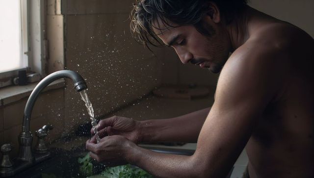 Shirtless man rinsing fresh herbs under running faucet by sunlit kitchen window, droplets