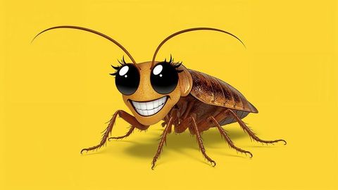 Whimsical cartoon cockroach on bright yellow background
