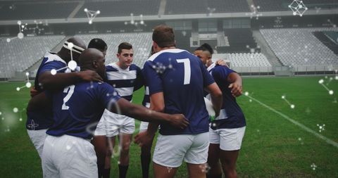 Rugby Team Huddle Overlaid with Chemical Structures in Stadium