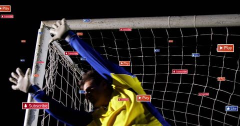 Goalkeeper missing save with social media notifications overlay