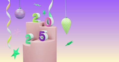 2025 Holiday Decorations on Pastel Gradient Background