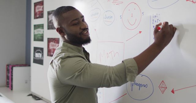Image of happy african american male teacher at blackboard during math lesson. primary school education and teaching profession.