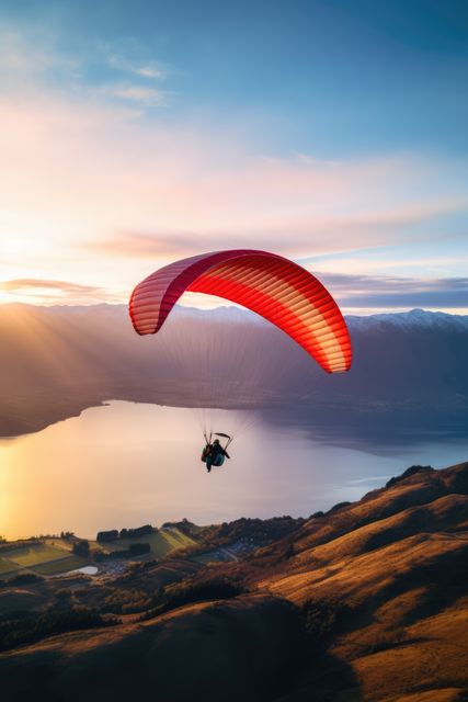 A solitary paraglider is soaring over a serene lake surrounded by majestic mountains during a stunning sunset. The image evokes a sense of freedom and adventure, capturing the beauty of nature from an aerial perspective. Ideal for travel blogs, adventure tourism promotions, outdoor adventure articles, extreme sports marketing materials, and motivational posters highlighting exploration and the love for adventure.