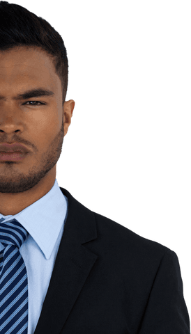 Transparent half portrait of serious businessman in suit and tie