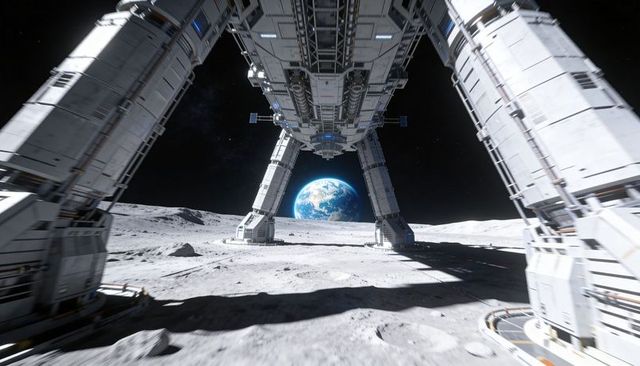 Towering Four-Legged Lunar Lander Framing Earthrise Over Cratered Moon Surface